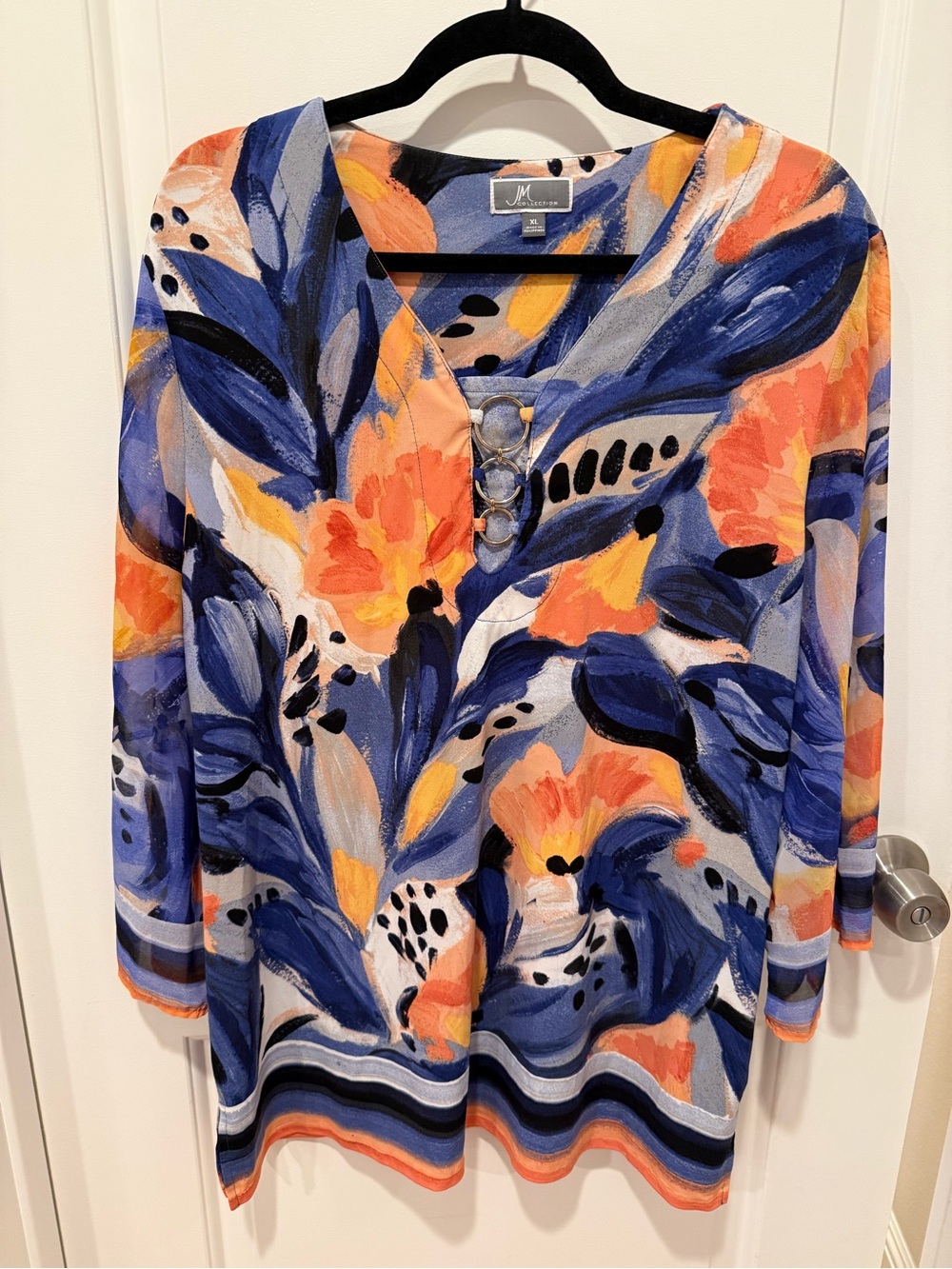 JM Collection Blue & Orange Floral V-Neck Tunic with Ring Detail